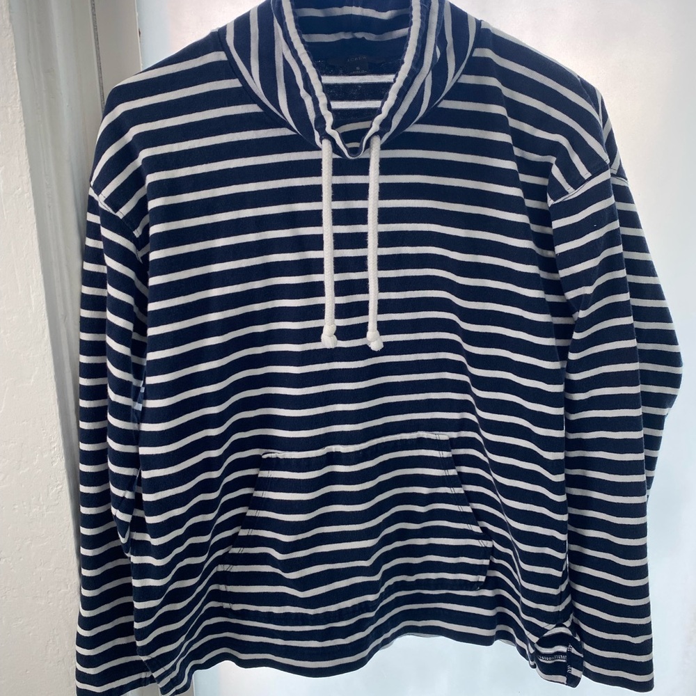 J. Crew Navy and White Funnelneck Pullover in Striped Mariner Cloth